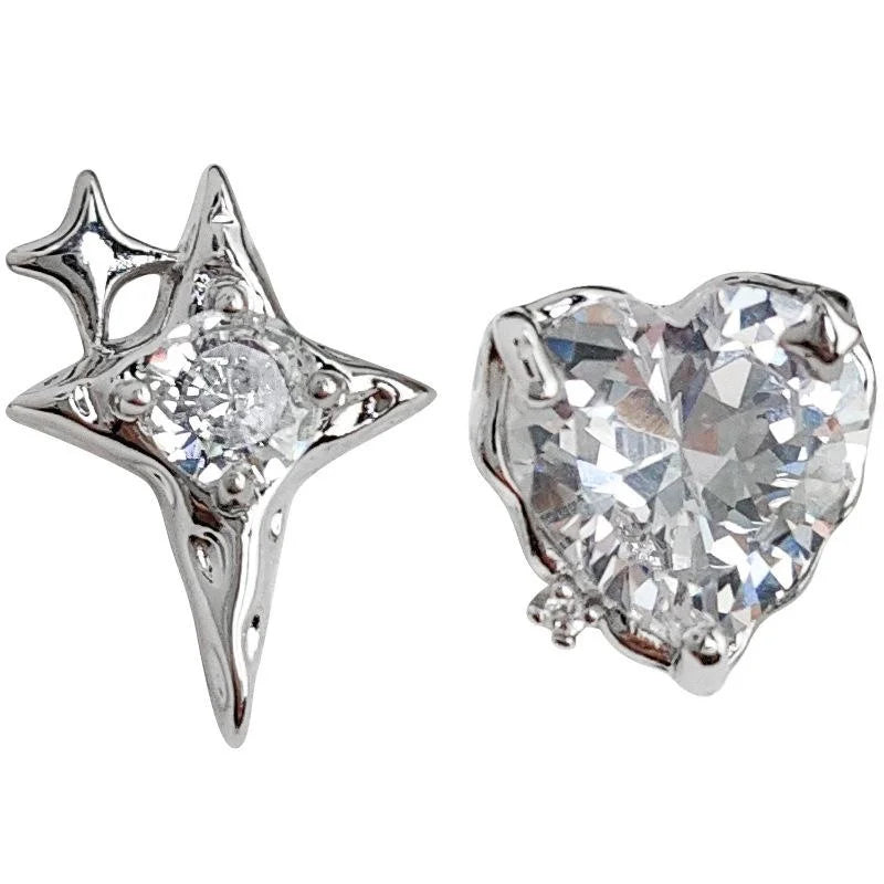 Sparkling Zircon Inlaid Asymmetric Star Heart Copper Stud Earrings Silver Plated Minimalist Jewelry