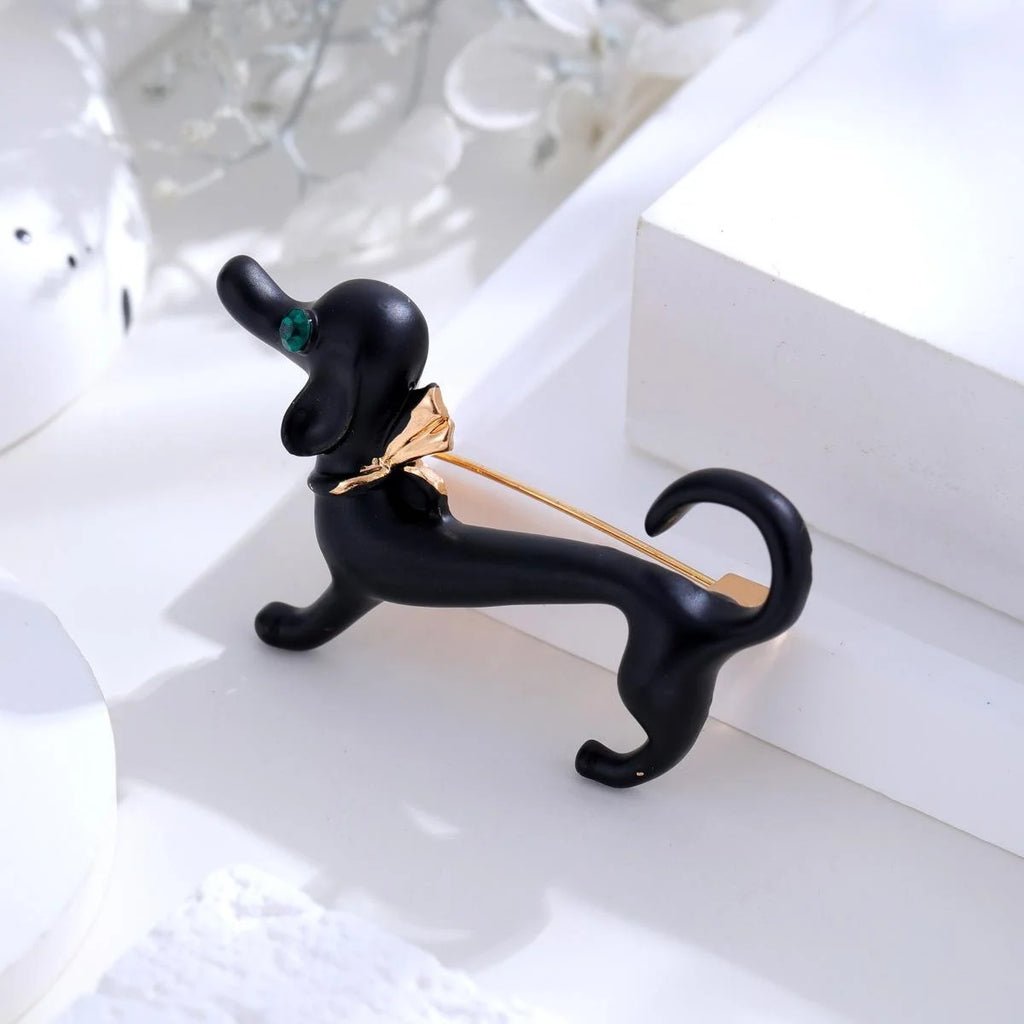 Cute Gold Alloy Dachshund Dog Brooch With Green Rhinestone Eye, Creative Animal Lapel Pin Gift