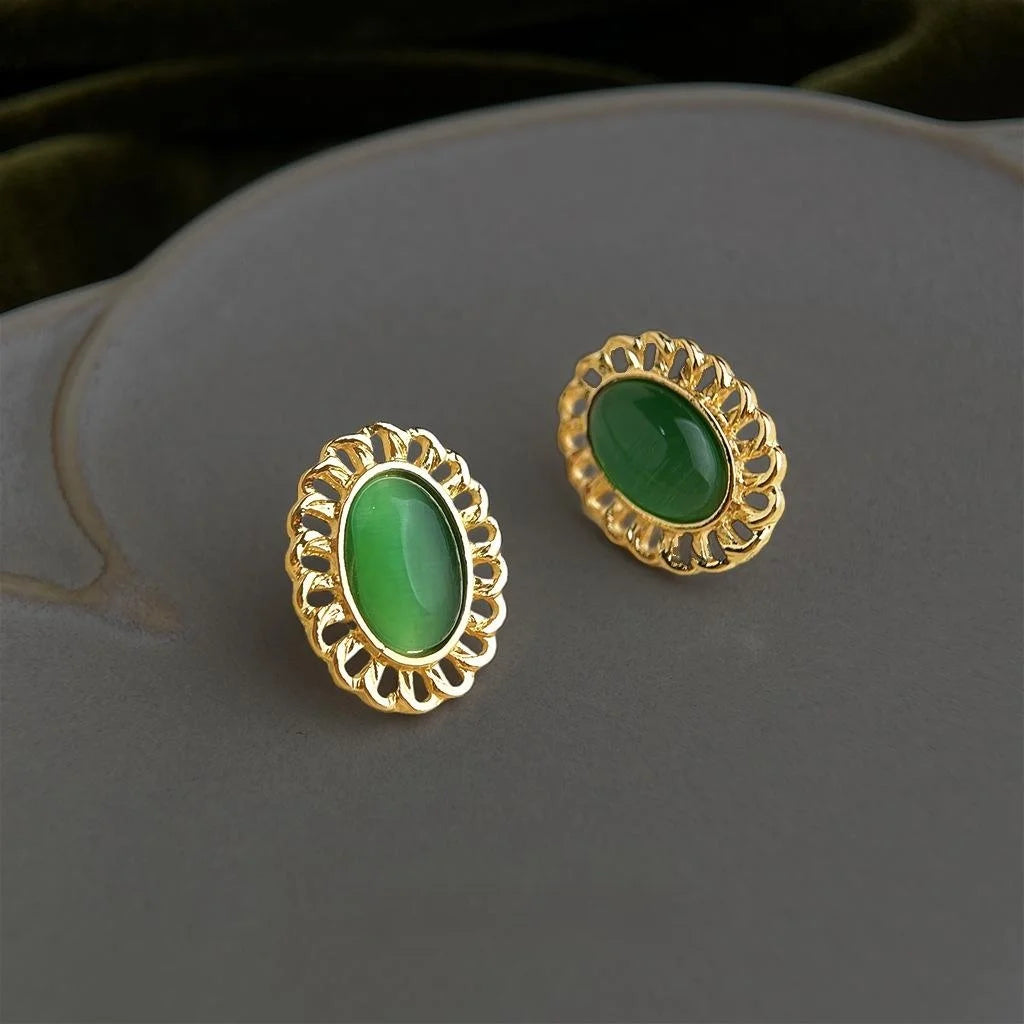 French Vintage Oval Glass Cat Eye Stone Stud Earrings Eco Copper Hollow Lace Edge Jewelry