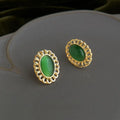 French Vintage Oval Glass Cat Eye Stone Stud Earrings Eco Copper Hollow Lace Edge Jewelry