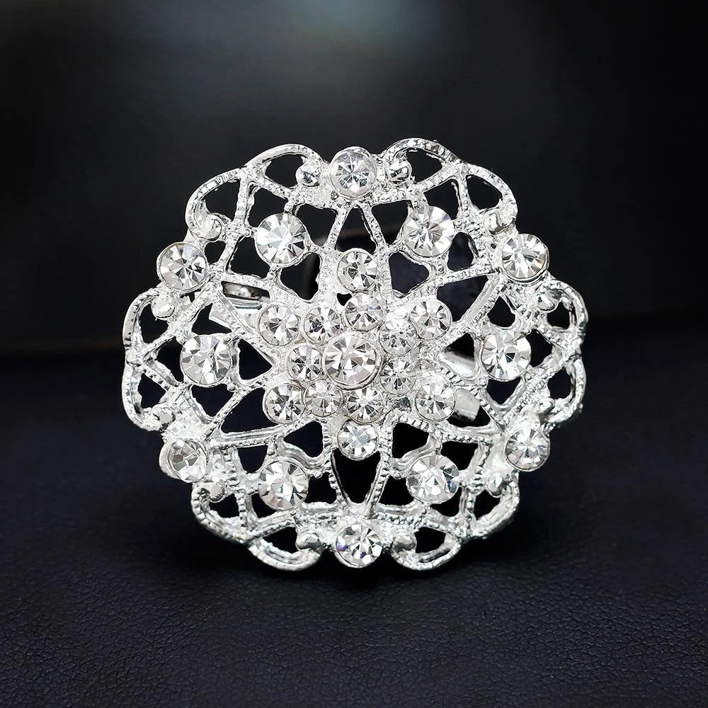 Elegant Silver Plated Rhinestone Flower Brooch, Openwork Alloy Lapel Pin Corsage For Women Gift