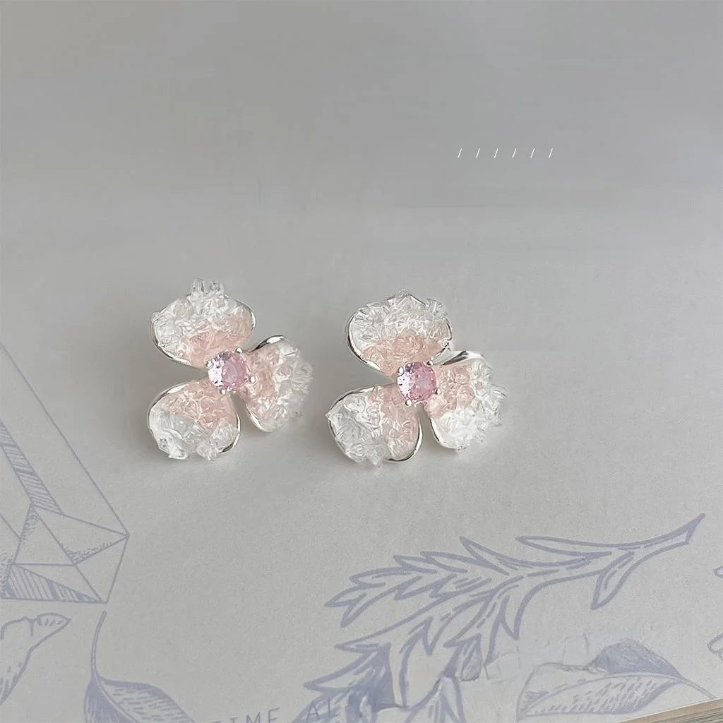 Sweet Pink Gradient Sakura Glass Crystal Zircon Micro Pave Copper Stud Earrings