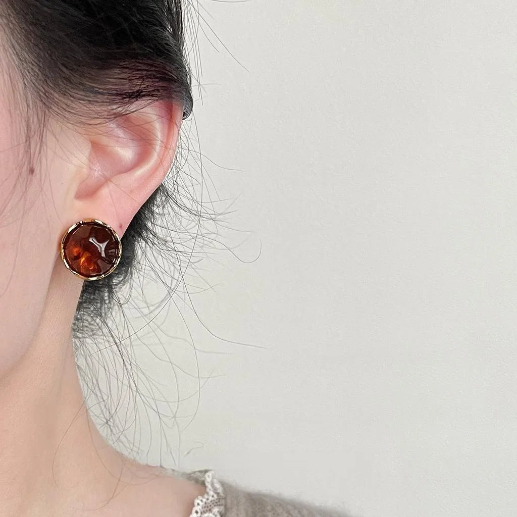 Vintage Maillard Style Round Resin Stud Earrings, French 3D Geometric Copper