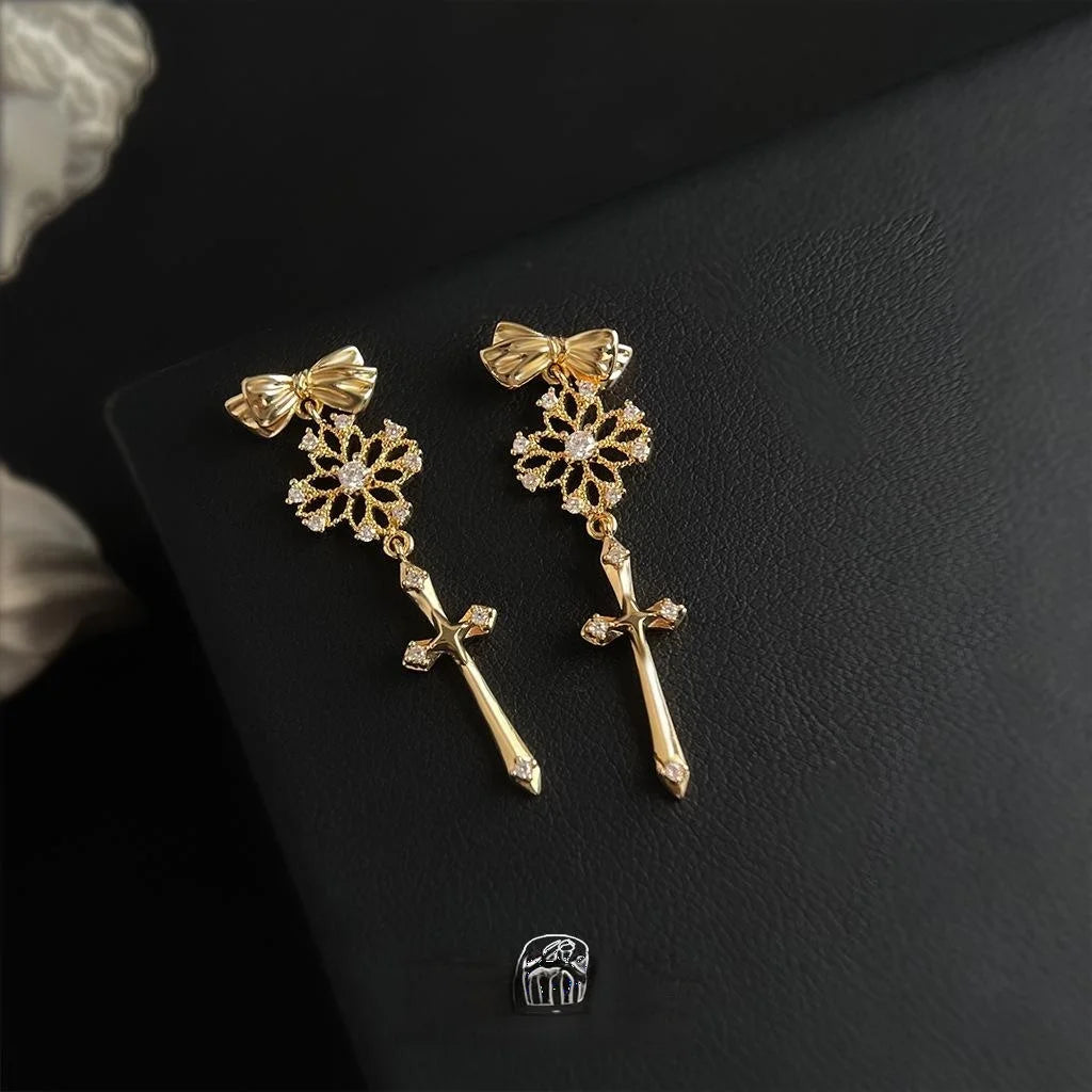 14K Plated Copper Hollow Lace Cross Bow Drop Earrings Old Money Floral Designer Jewelry