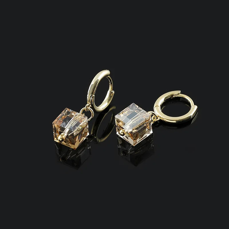 Elegant Gold Tone Cube Crystal Hoop Dangle Stud & Clip On No Piercing Sweet Luxury Earrings