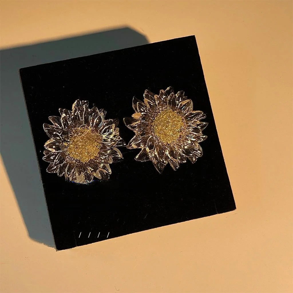 Transparent Resin Sunflower Stud Earrings For Women, Silver Plated Pin Floral Statement Jewelry