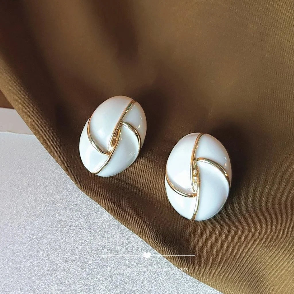 Hong Kong Style Cream Enamel Oval Geometric Copper Stud Earrings With 14K Plated Pins