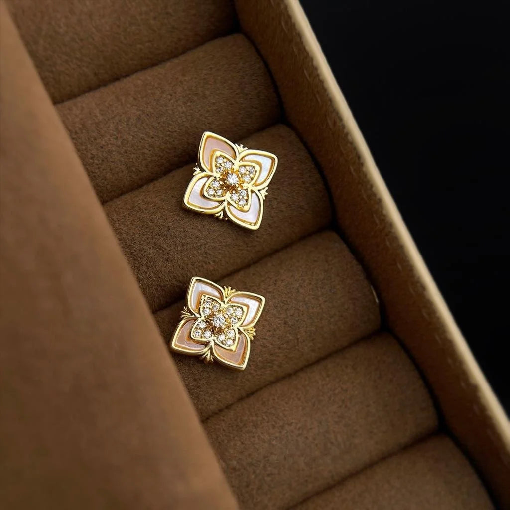 Micro Pave Zircon Genuine Shell Flower Petal Stud Earrings 4K Gold Plated Copper Minimalist Jewelry