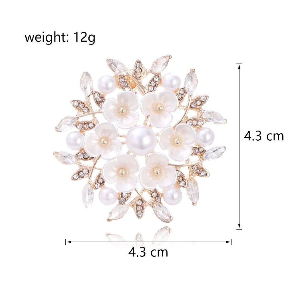 Elegant Pearl Flower Brooch With Rhinestone Leaves, Silver Alloy Floral Lapel Pin Corsage Gift