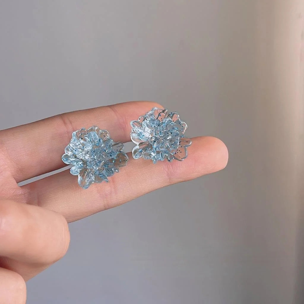 Elegant Ice Blue Resin Flower Stud Earrings With Silver Plated Pins Forest Style Sweet Jewelry