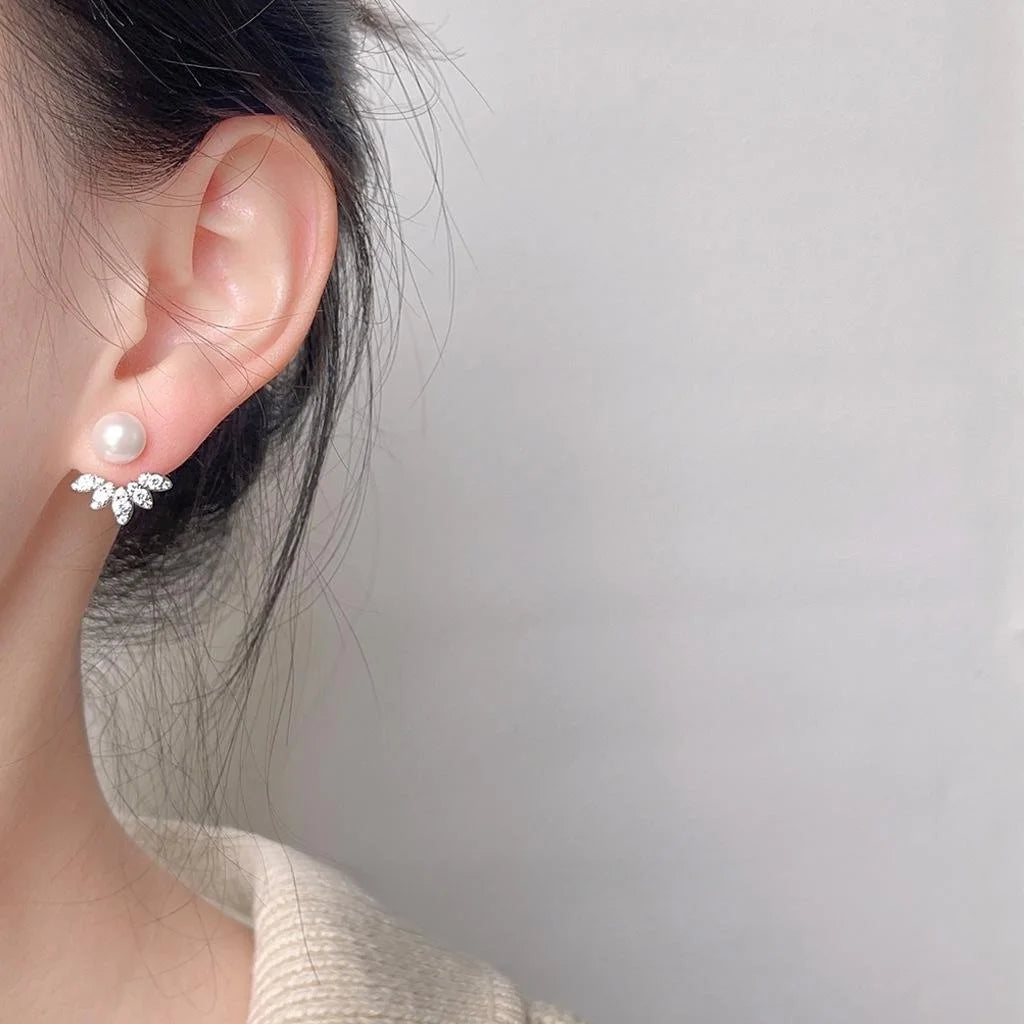 Micro Pave Zircon Leaf Flower Copper Glass Pearl Drop Earrings Two Way Luxury Style