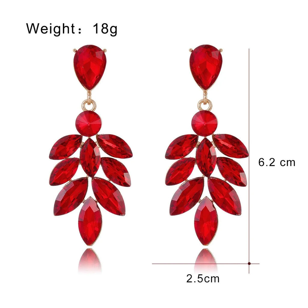 Luxury Green Crystal Leaf Tassel Drop Earrings, Gold Tone Alloy Rhinestone Bridal Jewelry For Wedding Party
