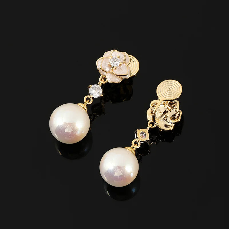 Elegant Camellia Flower Pearl Drop Stud & Clip On No Piercing Alloy Rhinestone Luxury Earrings