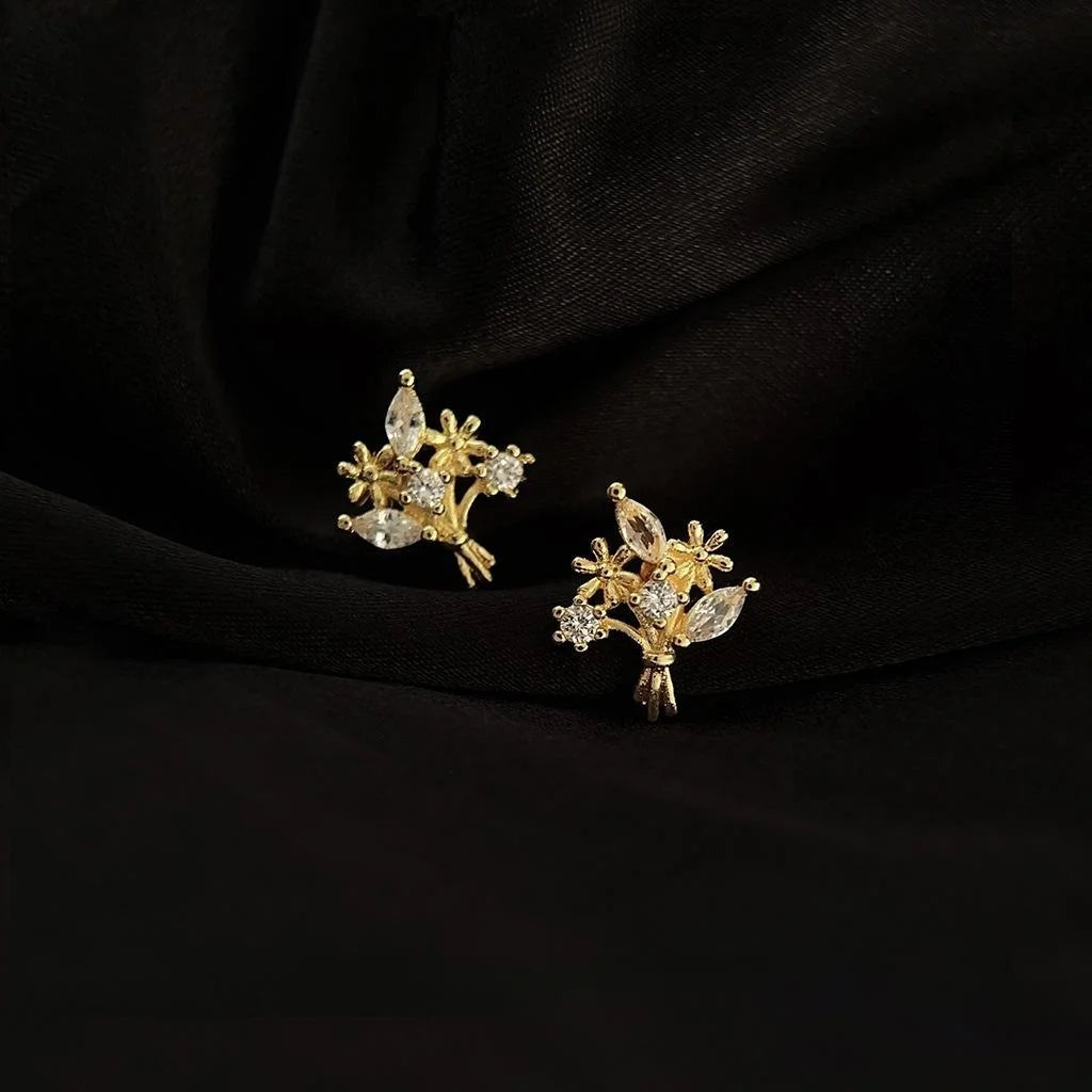 Micro Pave Zircon Floral Bouquet Copper Stud Earrings Simple Vintage Sweet Small Jewelry