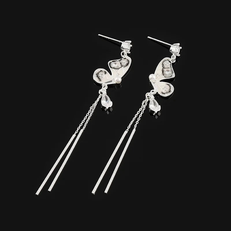 Elegant Ink Butterfly Alloy Crystal Long Tassel Stud & Clip On No Piercing Earrings