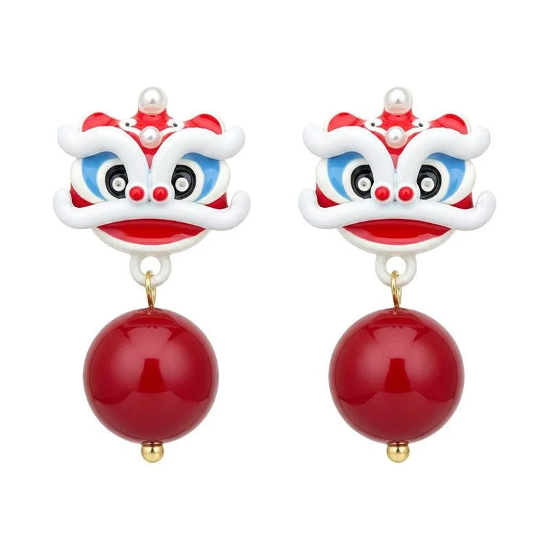 Cute Chinese Style Lion Dance Drop Earrings Handmade Painted Enamel Copper Jewelry