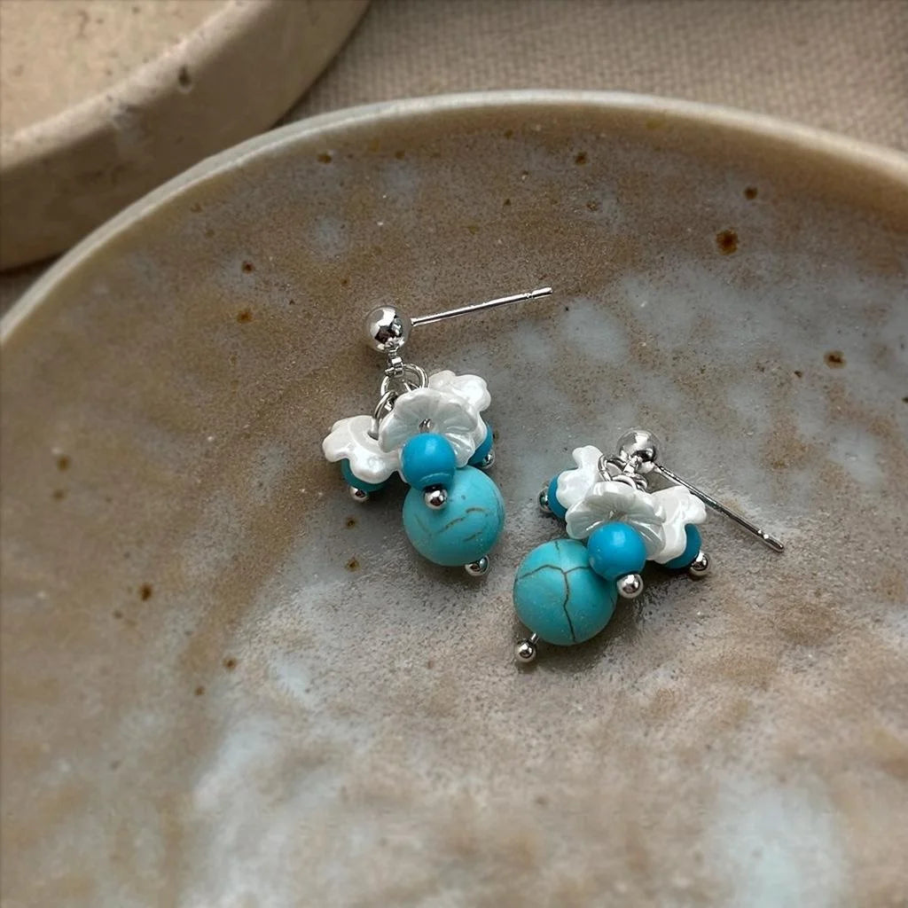 Vintage Boho Synthetic Turquoise Resin Floral Tassel Drop Earrings