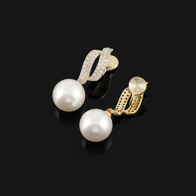 Elegant Pearl Drop Spiral Zircon Pave Alloy Stud & Clip On No Piercing Luxury Women's Earrings