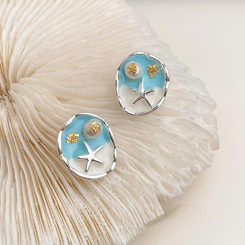Sweet Freshwater Pearl Enamel Starfish Drop Earrings Silver Plated Beach Vacation Jewelry