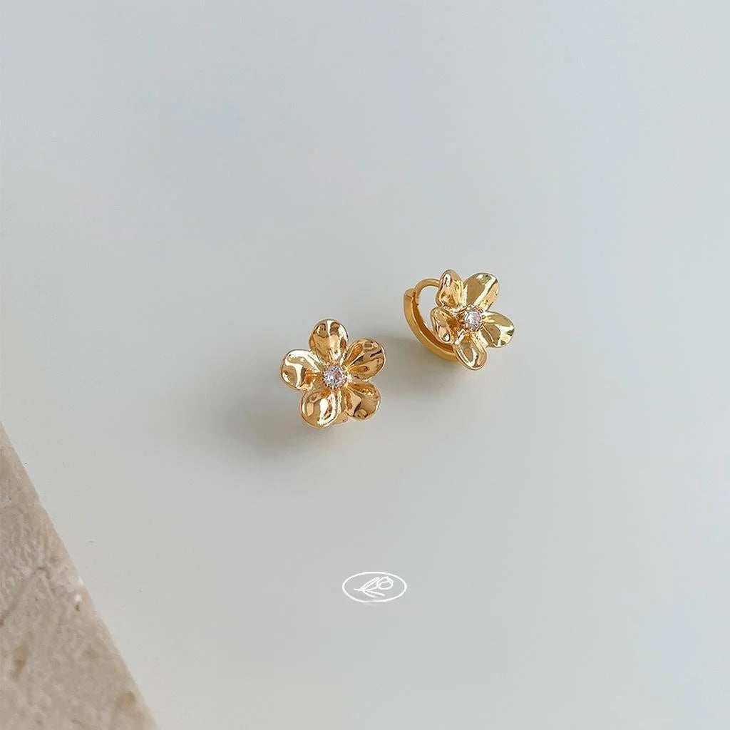Copper Micro Pave Zircon Peach Blossom Stud Earrings Sweet 3D Flower Spring Jewelry
