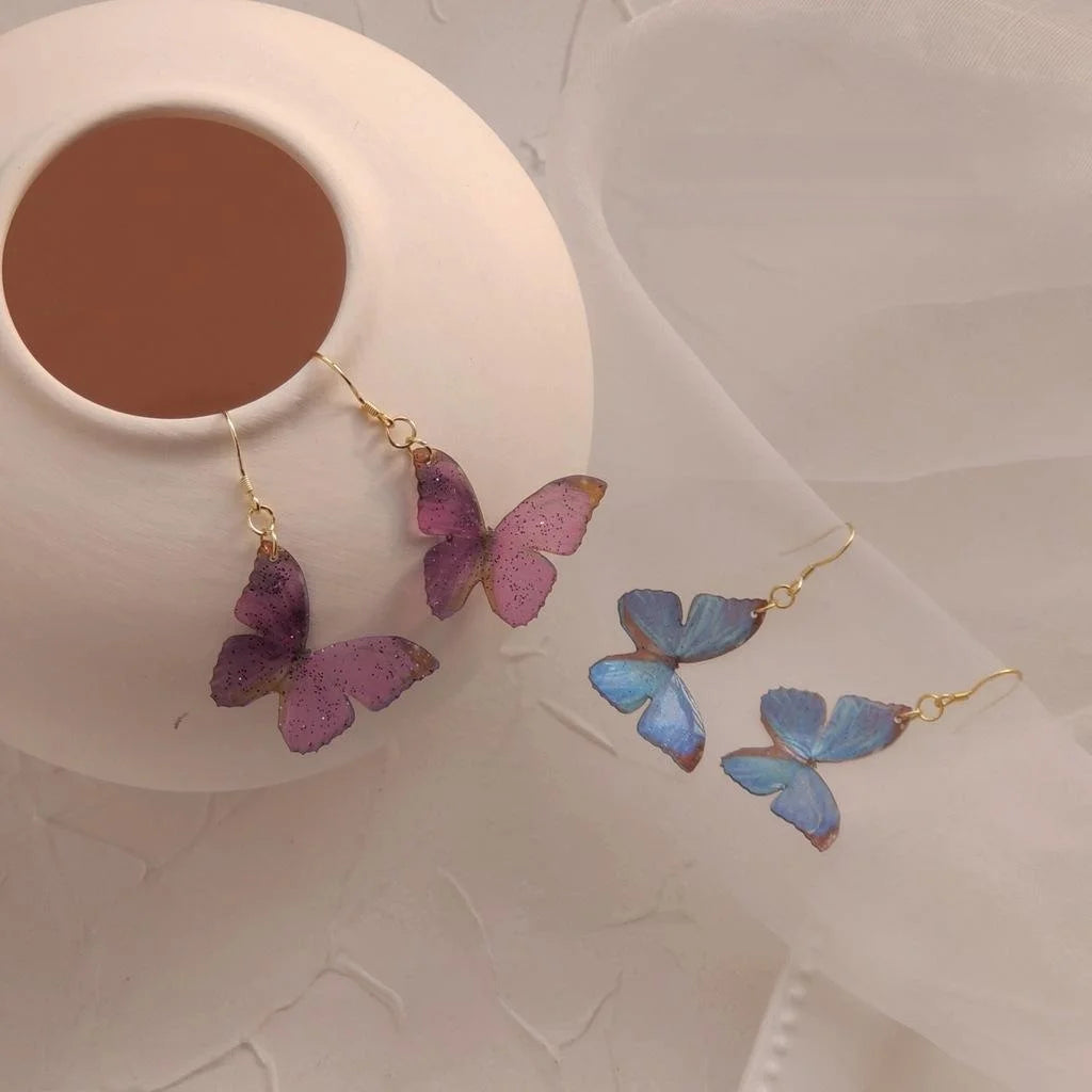 Fresh Sweet Forest Style Resin Butterfly Drop Earrings With Silver Plated Pins