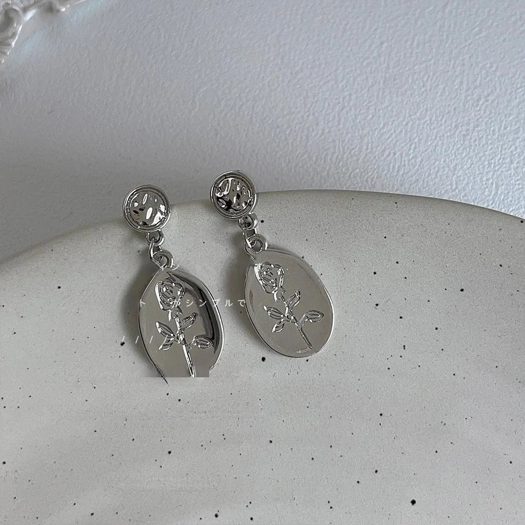 French Vintage Copper Tulip Embossed Silver Tone Geometric Stud Earrings For Women
