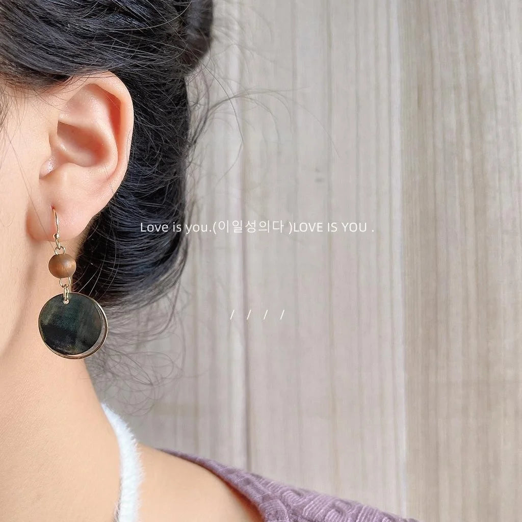 Vintage Palace Style Iridescent Black Shell Round Geometric Drop Earrings Handmade Jewelry
