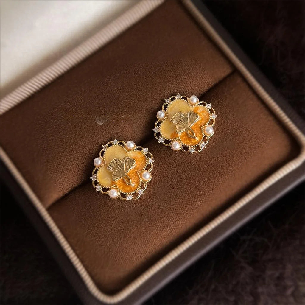 Warm Yellow Enamel Ginkgo Leaf Stud Earrings Copper Retro Maillard Floral Jewelry