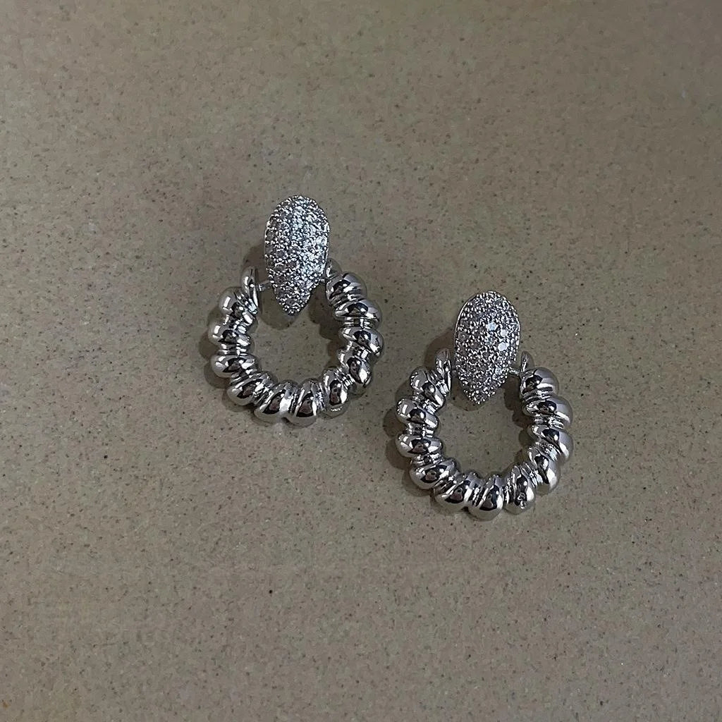 Silver Plated Metal Micro Pave Zircon Round Geometric Stud Earrings High-End Minimalist Style