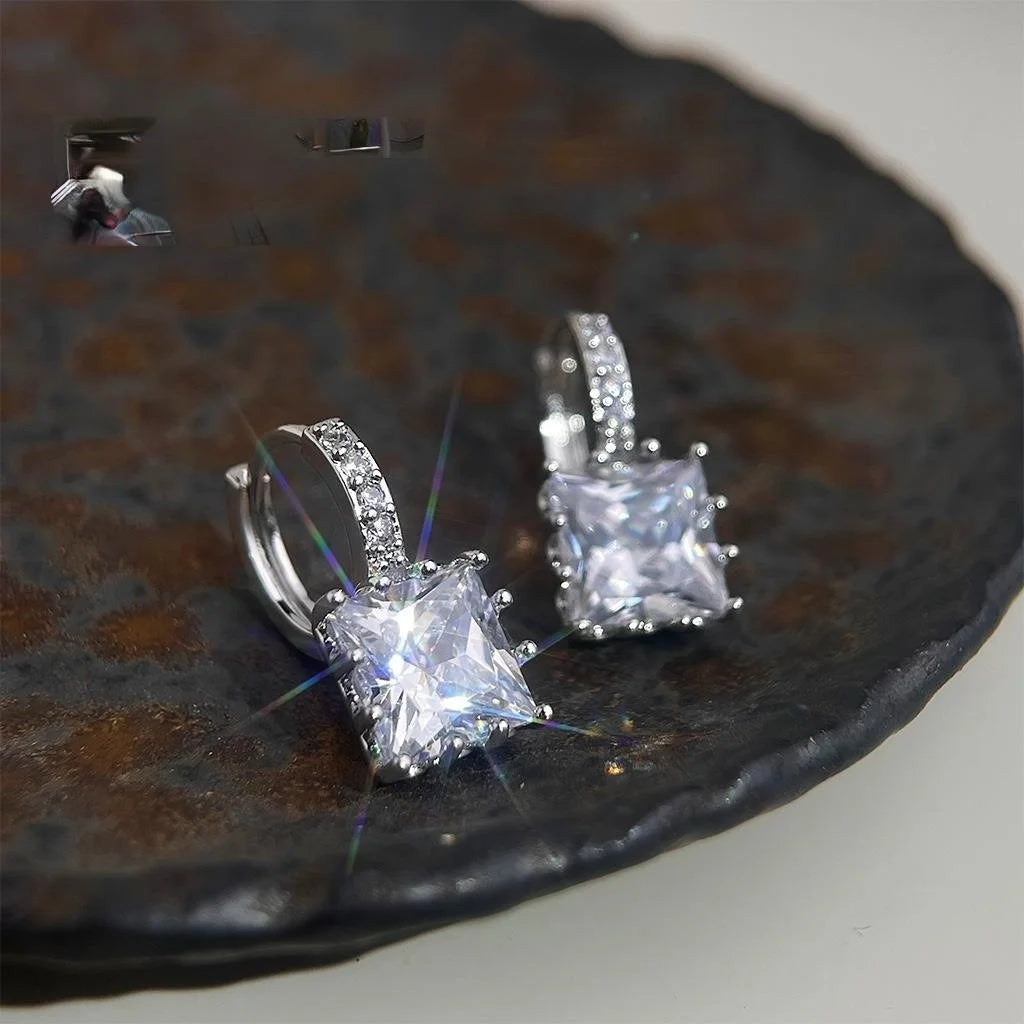 Sparkling Square Geometric Zircon Copper Drop Earrings Minimalist Commuter Fashion Jewelry