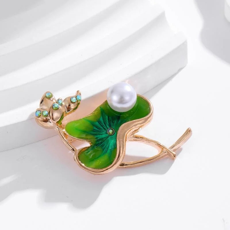 Elegant Lotus Leaf Pearl Brooch With Enamel Alloy Rhinestone Accents, Women's Lapel Pin Corsage Gift