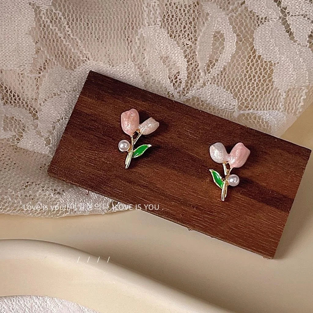 Sweet Pink Enamel Tulip Flower Copper Stud Earrings, Two Tone Elegant Cute Daily Jewelry