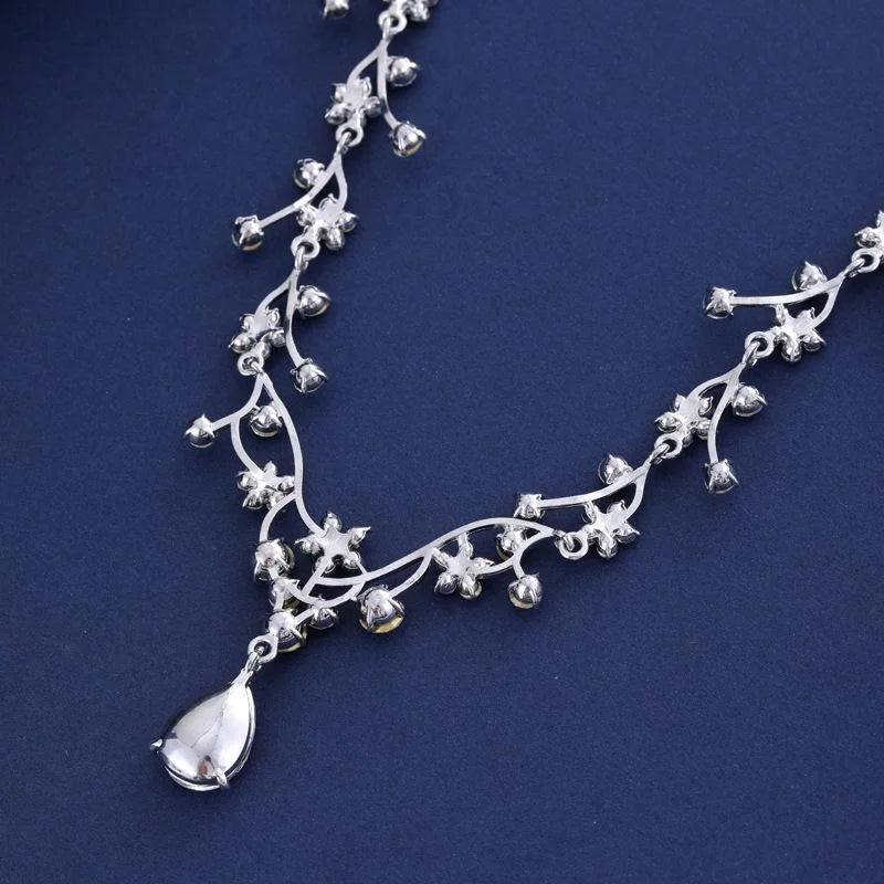 Luxury Bridal Crystal Flower Vine Necklace And Drop Earrings Jewelry Set, Silver Alloy Glass Rhinestone Wedding Jewelry