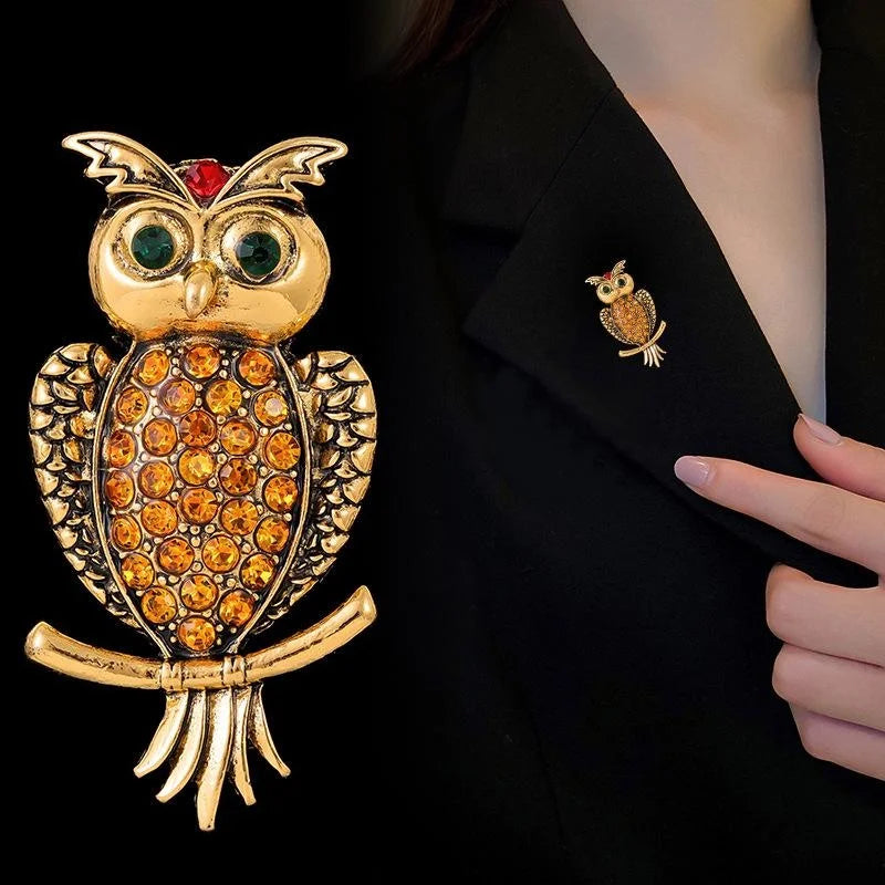 Vintage Gold Alloy Owl Brooch With Amber Rhinestones, Elegant Animal Lapel Pin Suit Accessory Gift