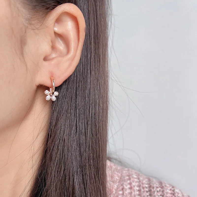 Elegant Rose Gold Rhinestone Flower Spiral Hoop Stud & Clip On No Piercing Women's Fashion Earrings