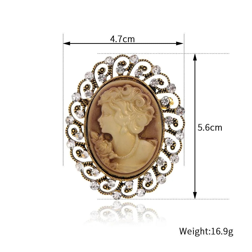 Vintage Victorian Queen Cameo Brooch With Rhinestone Alloy Filigree Frame, Elegant Lapel Pin Suit Accessory