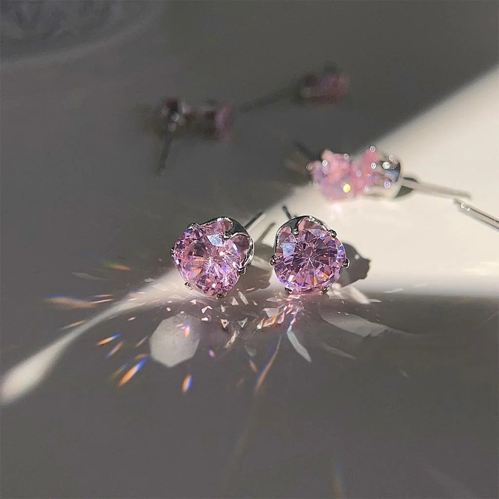 Minimalist Pink Zircon Copper Stud Earrings Geometric Round Daily Jewelry