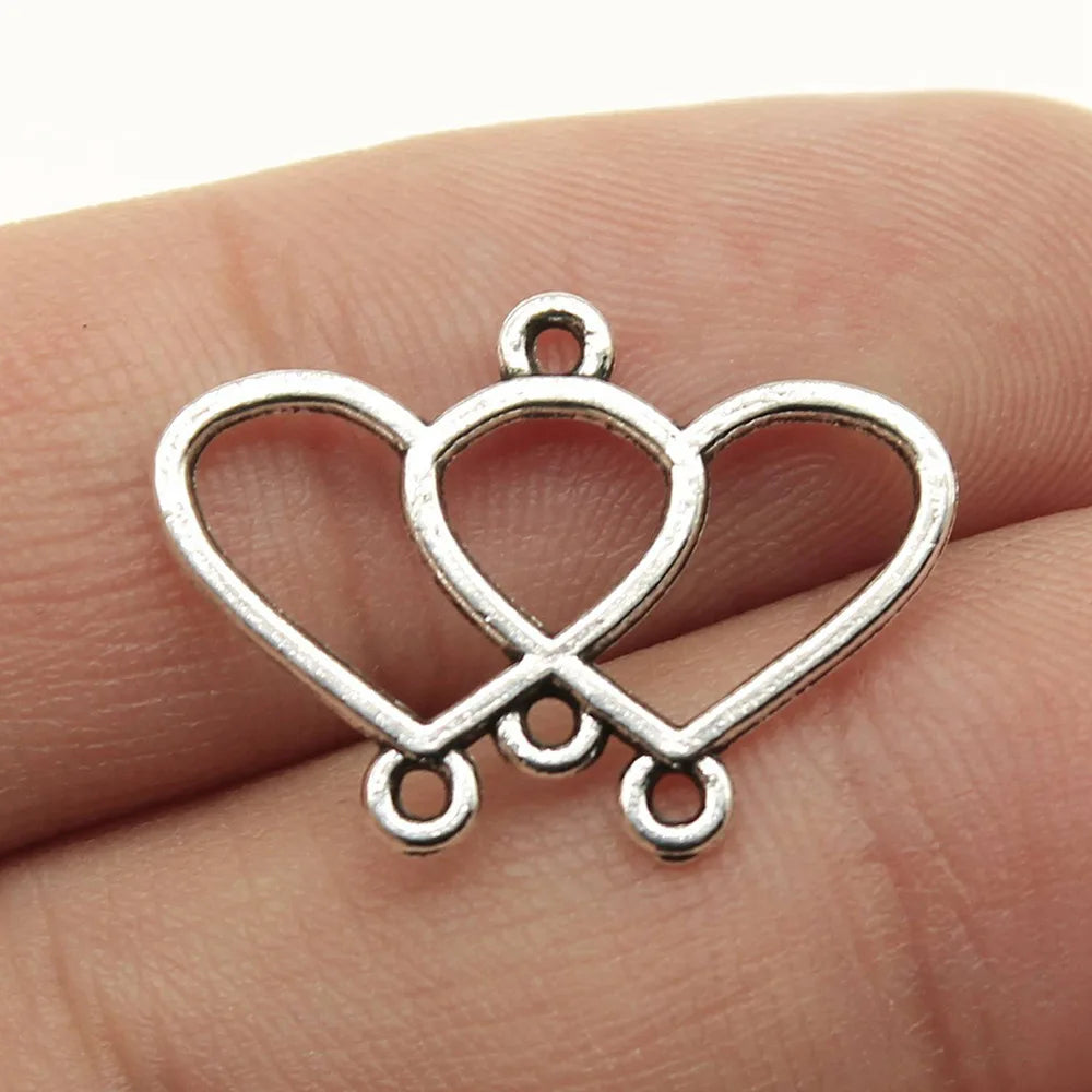 22x15mm 0.7g Antique Silver Zinc Alloy Double Heart Connector Charm for DIY Earring Jewelry Making