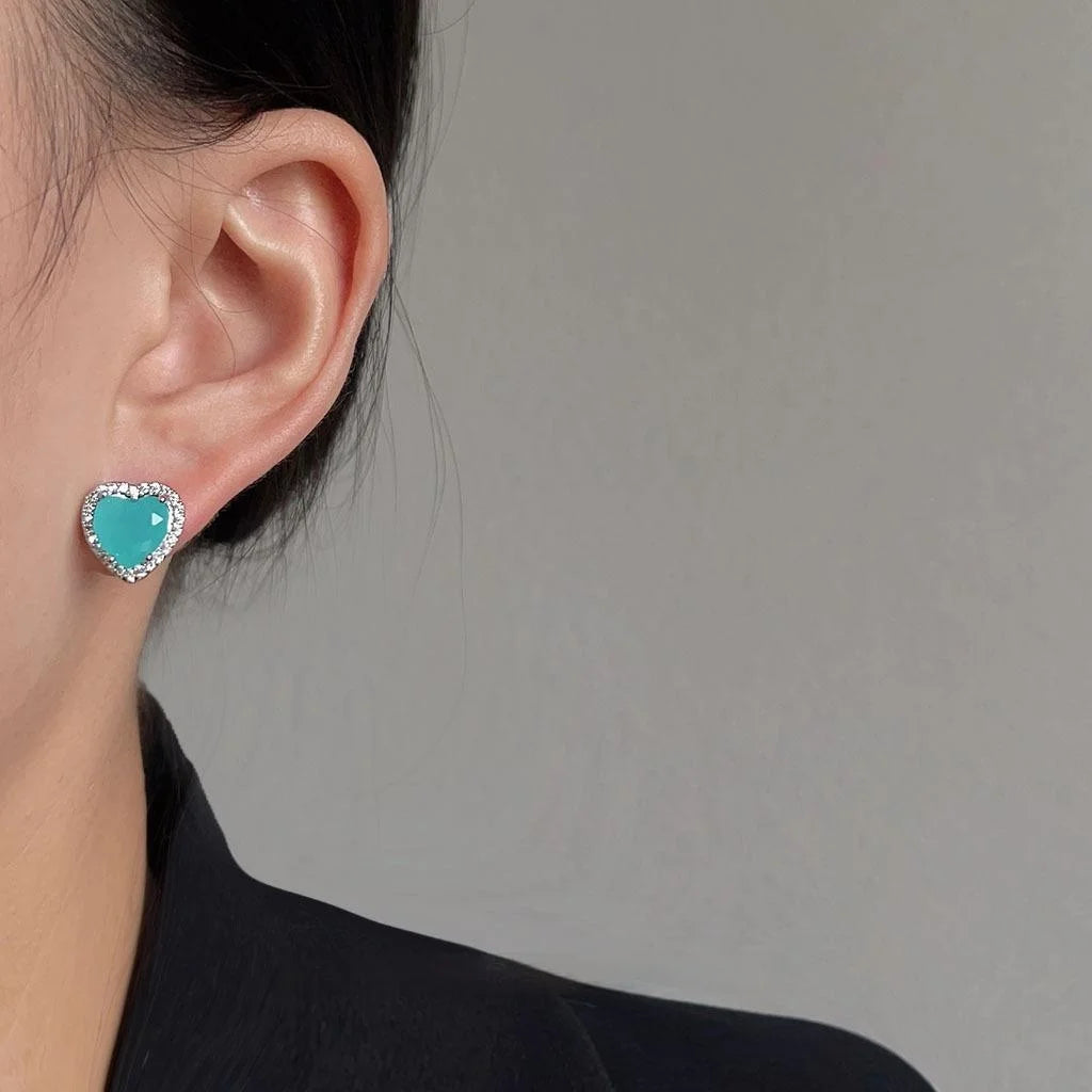 Lake Blue Zircon Heart Stud Earrings Copper French Romantic Minimalist Jewelry