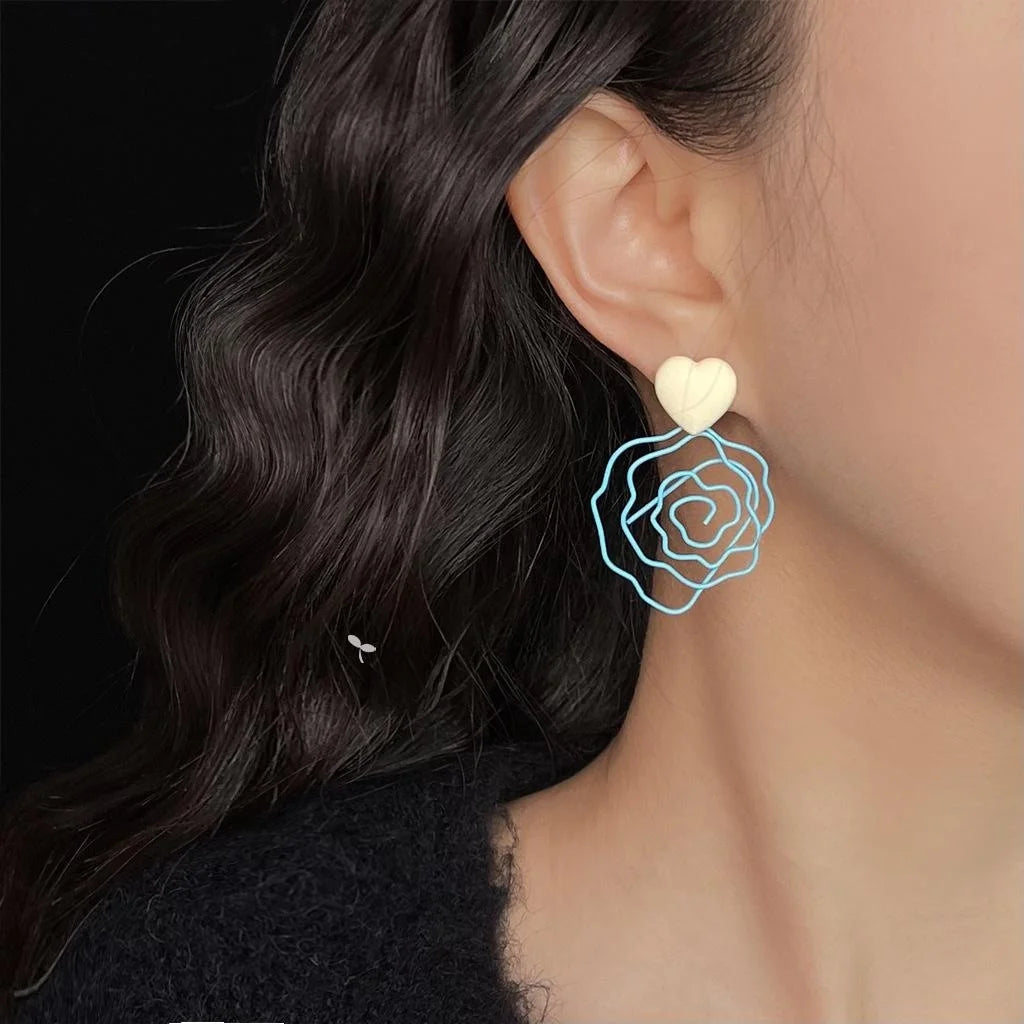 Sweet Summer Blue Hollow Enamel Rose Flower Copper Statement Drop Earrings For Women