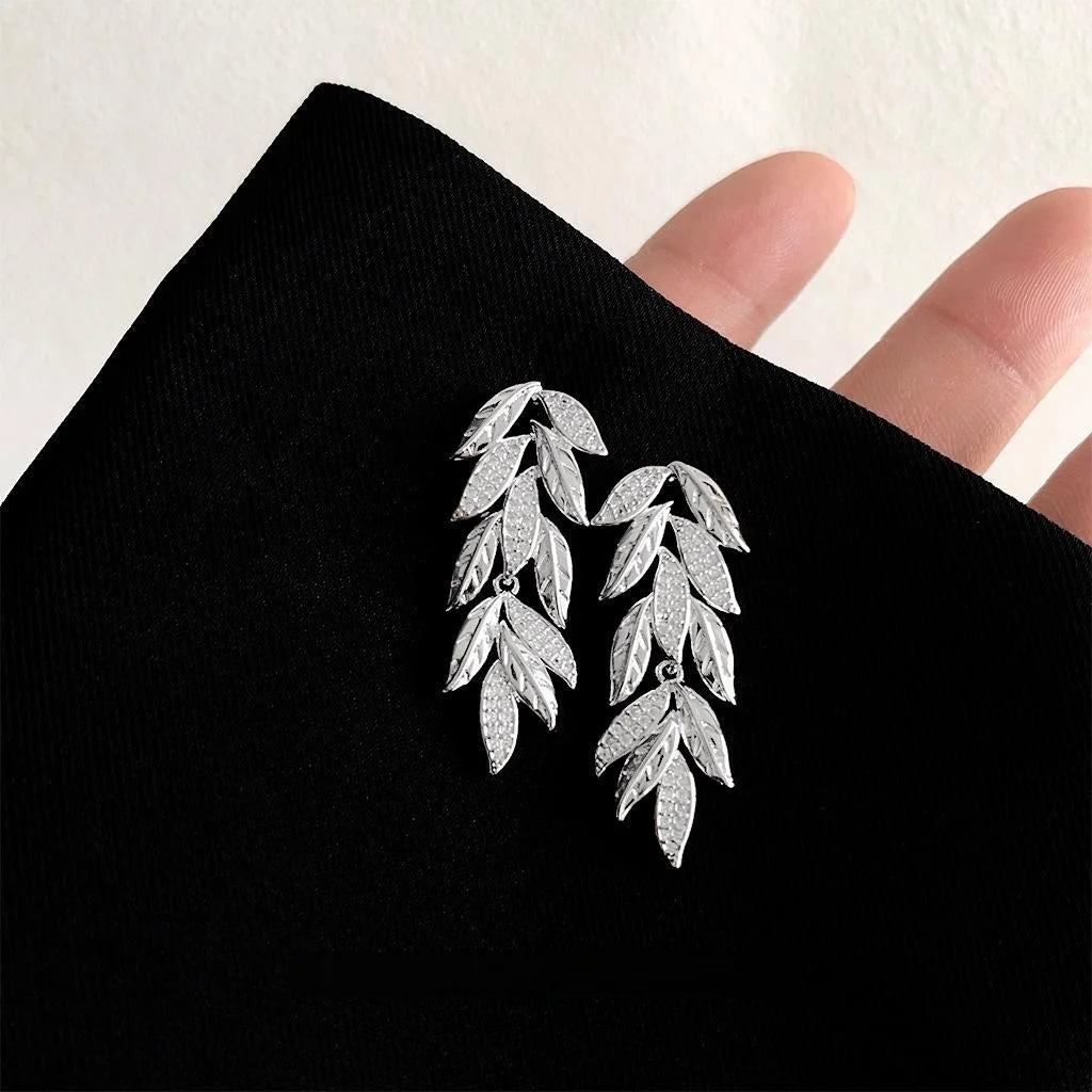 Copper Leaf Drop Earrings With Micro Pave Zircon, Elegant Banquet Jewelry