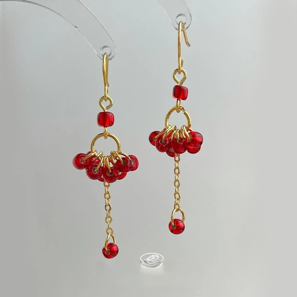 Vintage Palace Style Red Glass Bead Tassel Drop Earrings, Handmade Copper Geometric Firework Design