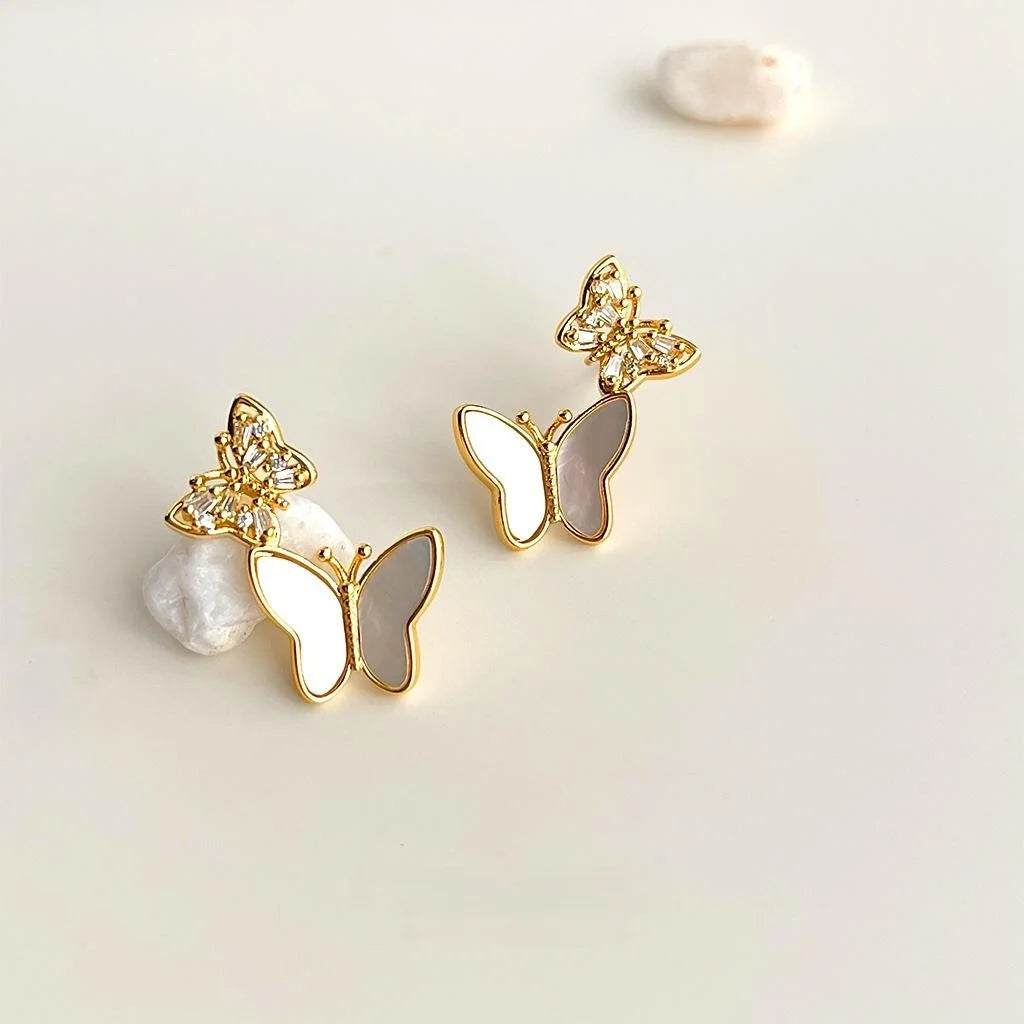 14K Gold Plated Butterfly Stud Earrings Real Shell Micro Pave Zircon Copper Jewelry