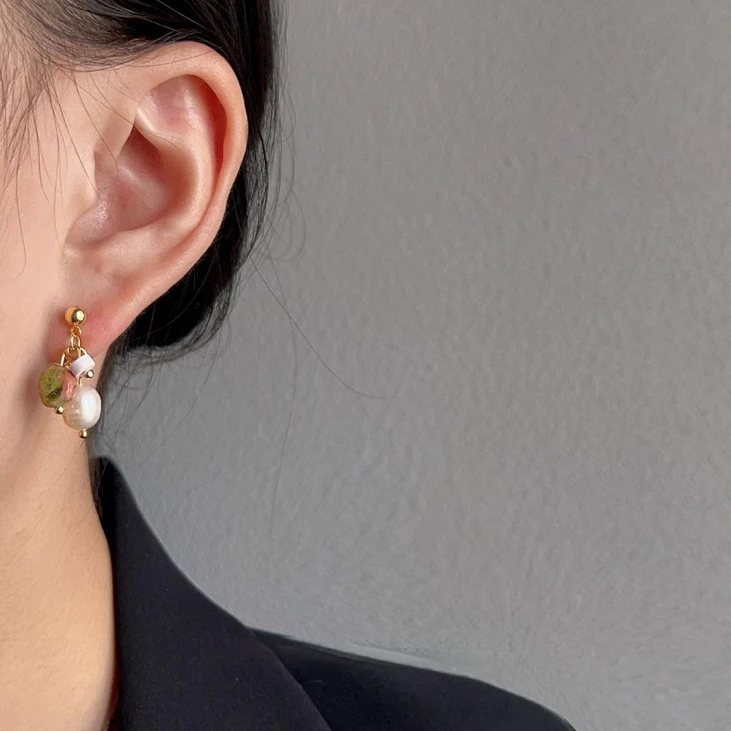 Geometric Freshwater Pearl Natural Stone Tassel Stud Earrings With Silver Plated