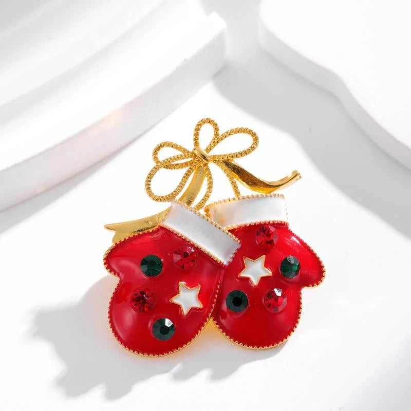 Cute Christmas Mittens Enamel Rhinestone Alloy Brooch, Elegant Women's Lapel Pin Corsage Gift