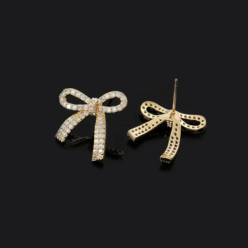 Luxury Gold Alloy Zircon Pave Bow Knot Stud & Clip On No Piercing Fashion Jewelry Earrings