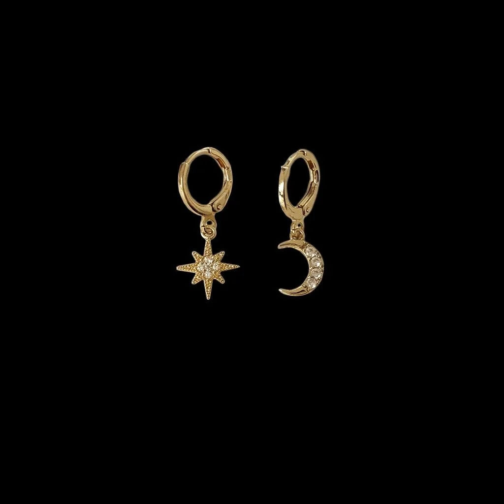 14K Gold Plated Zircon Star Moon Hoop Earrings Korean Minimalist Eight Point Design