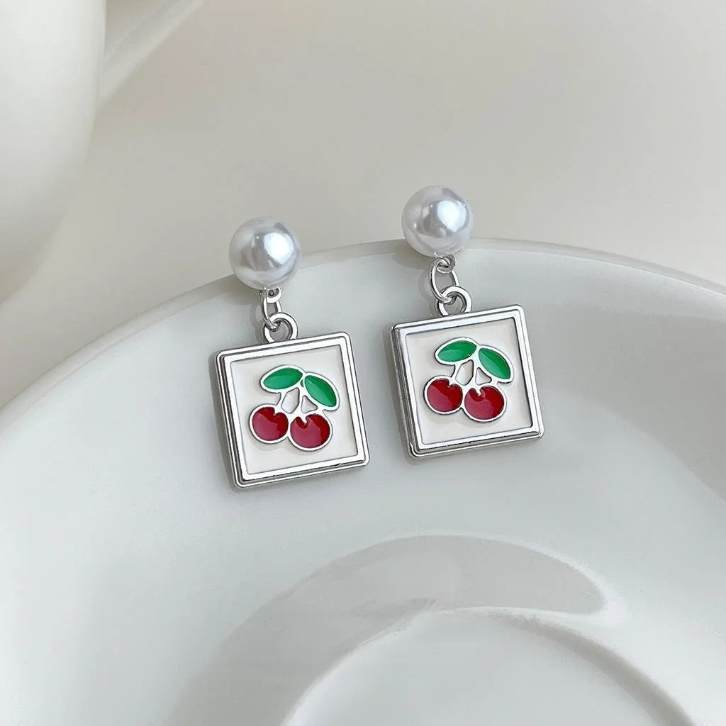 Cute Cherry Enamel Copper Drop Earrings Fresh Sweet Fruit Jewelry For Women