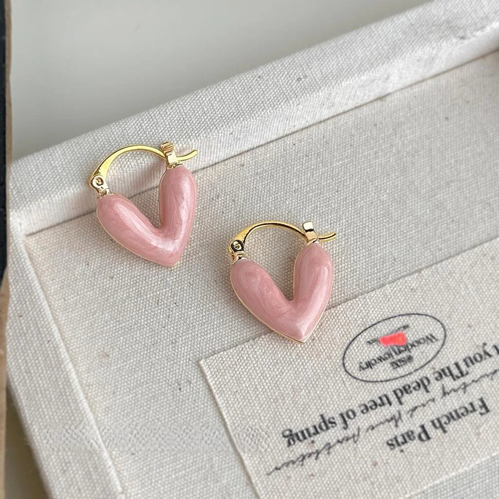 Sweet Pink Enamel Heart Copper Stud Earrings Double Sided Minimalist Fashion Jewelry