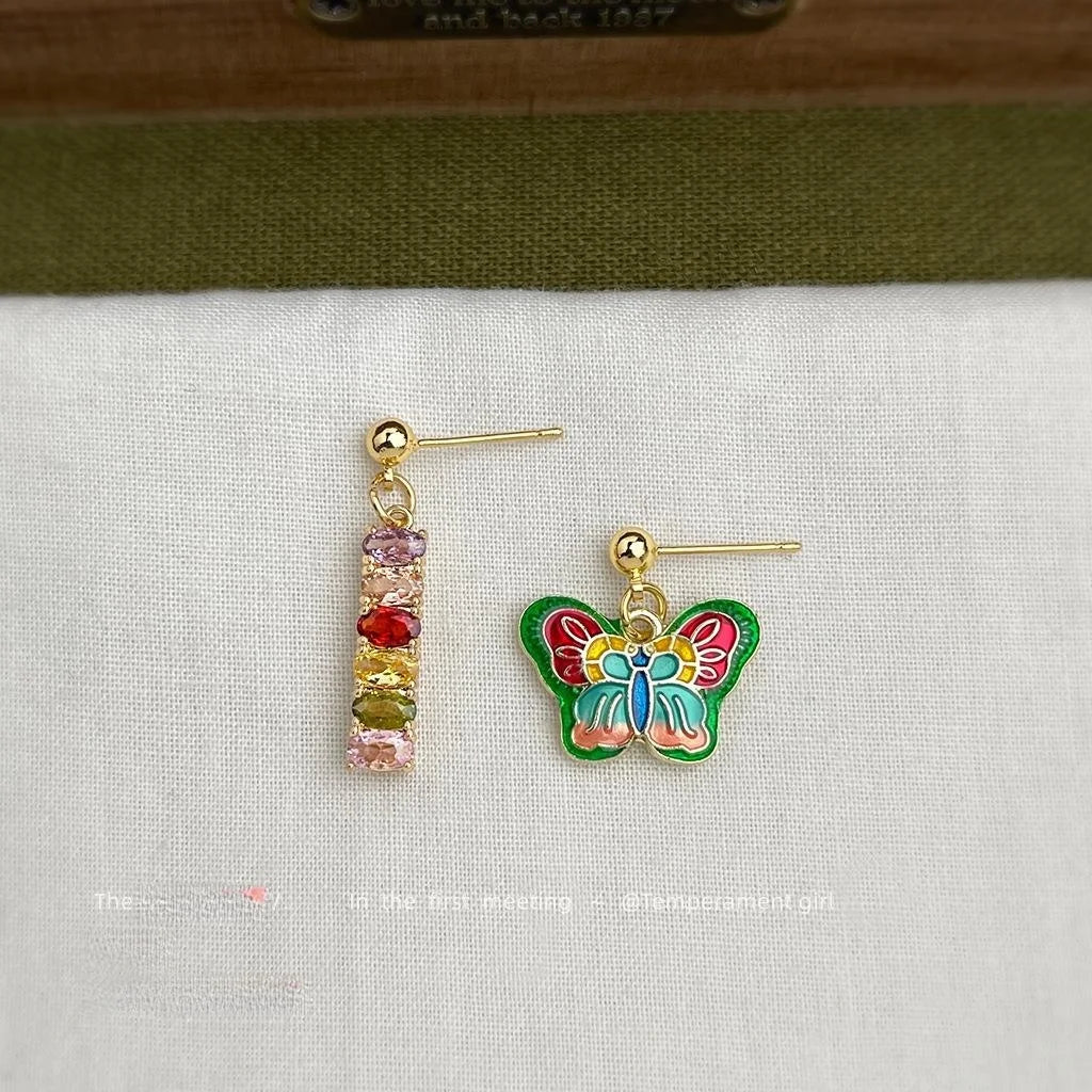 14K Gold Plated Copper Colorful Enamel Zircon Asymmetric Butterfly Stud Earrings